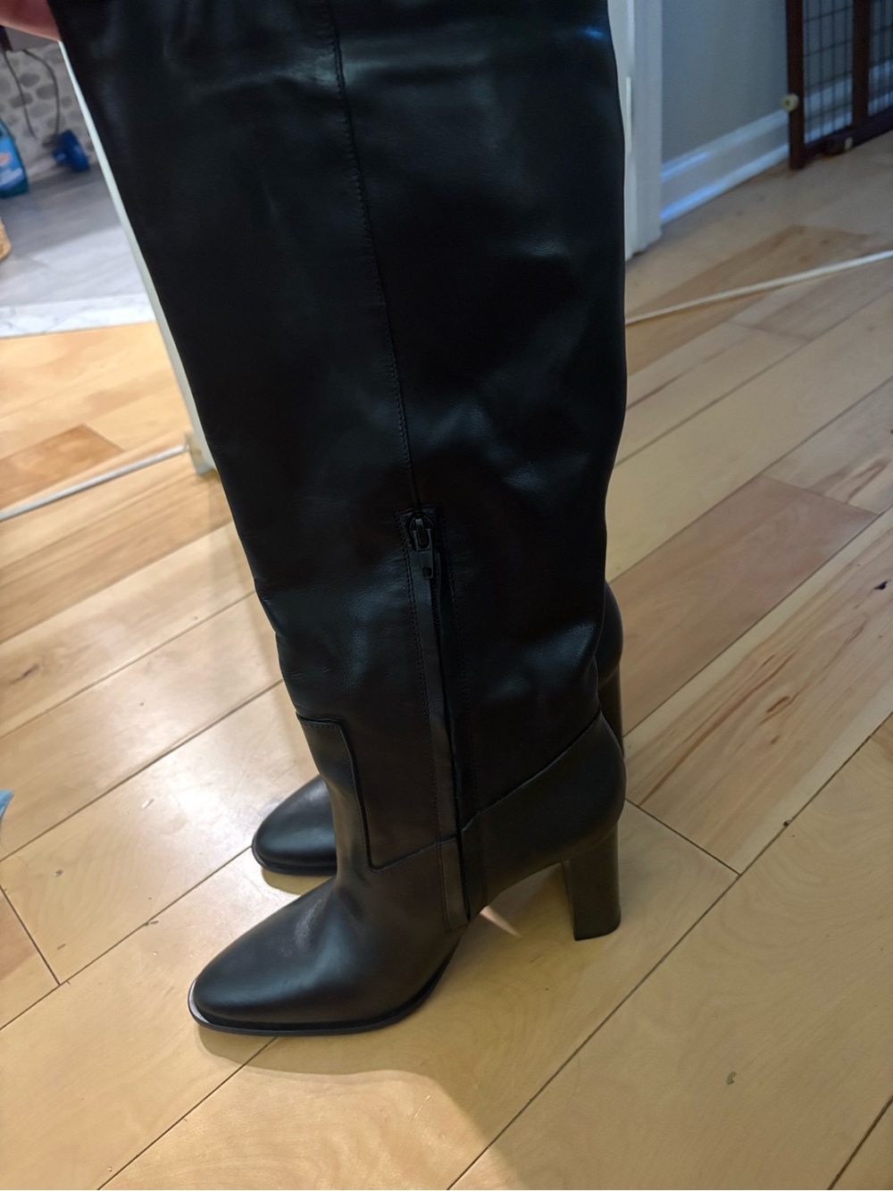 Zara Black Leather Knee-High Block Heel Boots